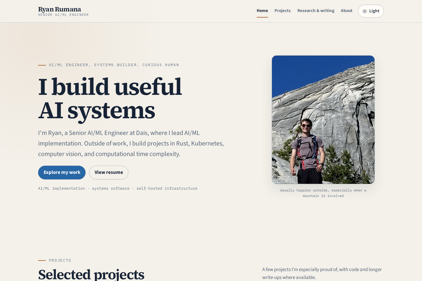 The redesigned portfolio homepage with project links and portrait